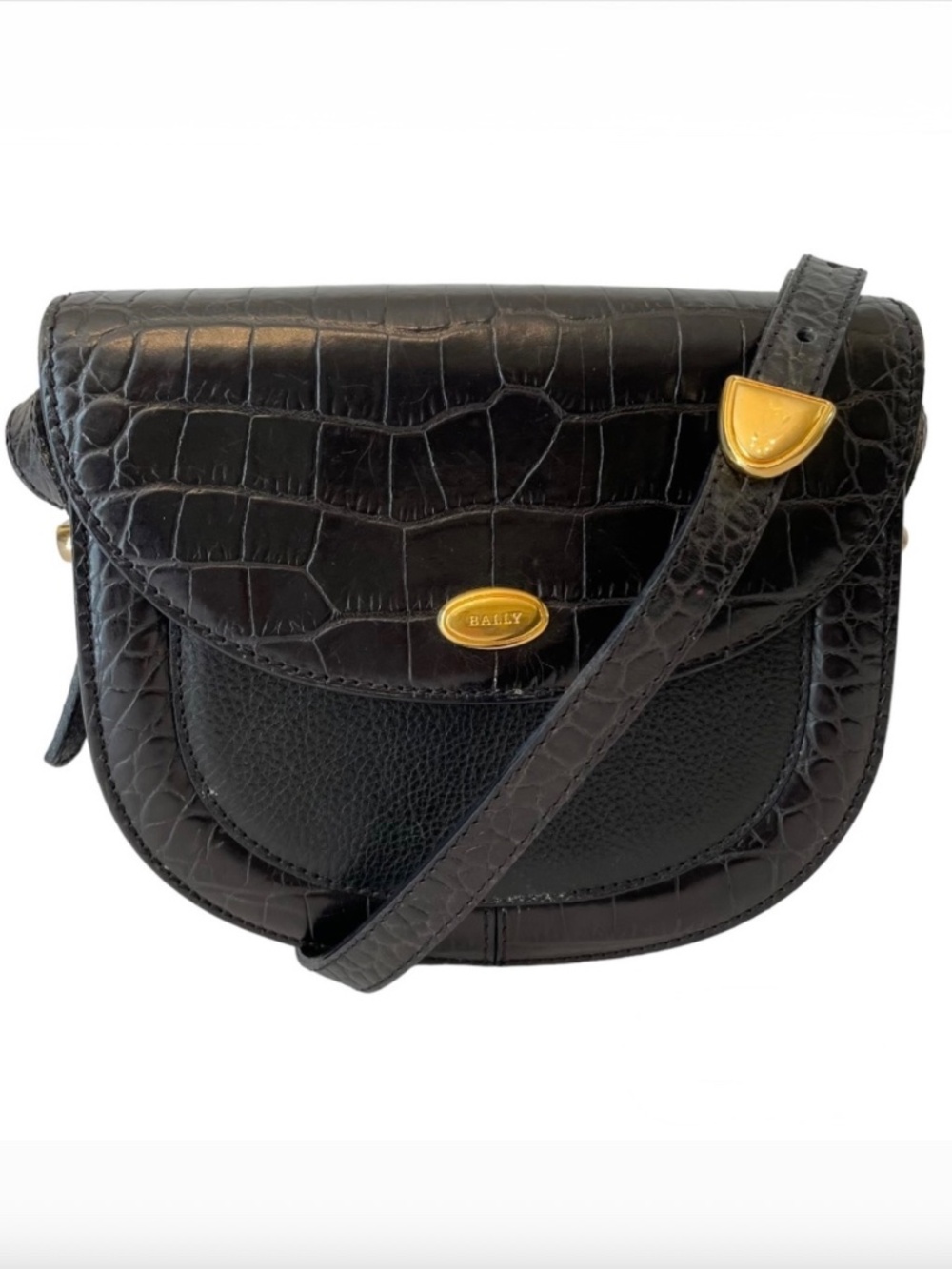 BALLY black croc embossed/pebbled leather small flap crossbody shoulder bag
